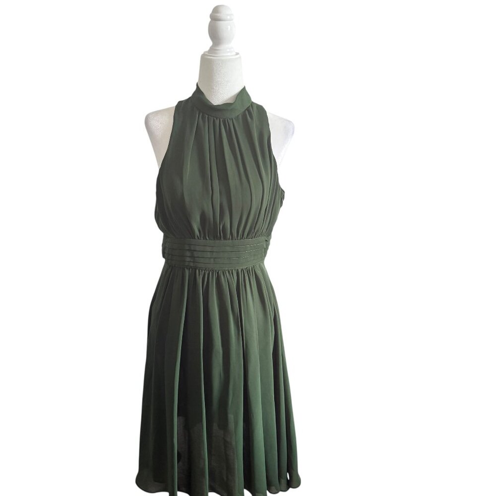 Zara Womens Halter Neck Dress Olive Green Chiffon Elegant L Large